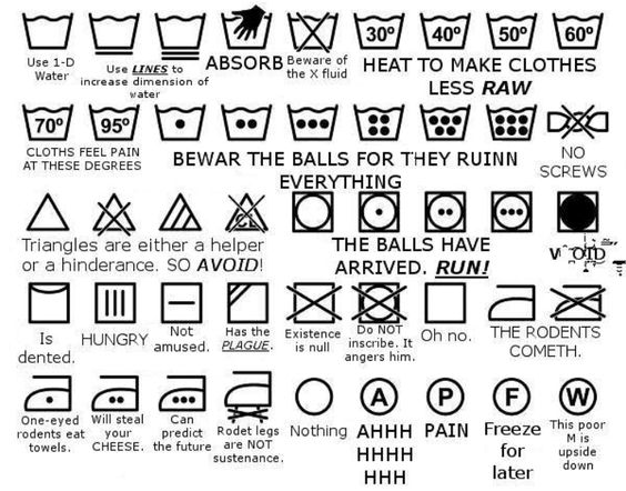 Screenshot of laundry symbols with the nonsensical captions: "use 1 d water; use lines to increase dimension of water; absorb, beware of the x fluid; heat to make clothes less raw; cloths feel pain at these degrees; BEWARE THE BALLS FOR THEY RUIN EVERYTHING; No Screws; Triangles are either a helper or a hinderance. So AVOID!;  The Balls Have Arrived. Run! VOID; Is Dented; Hungry; Not amused; Has the PLAGUE; Existence is null; Do NOT inscribe. It angers him. Oh no. The Rodents Cometh. One-eyed Rodents eat towels. Will steal your cheese. Can predict the future. Rodent Legs are not sustenance. Nothing. AHHHHH. Pain. Freeze for Later. This poor M is upside down."